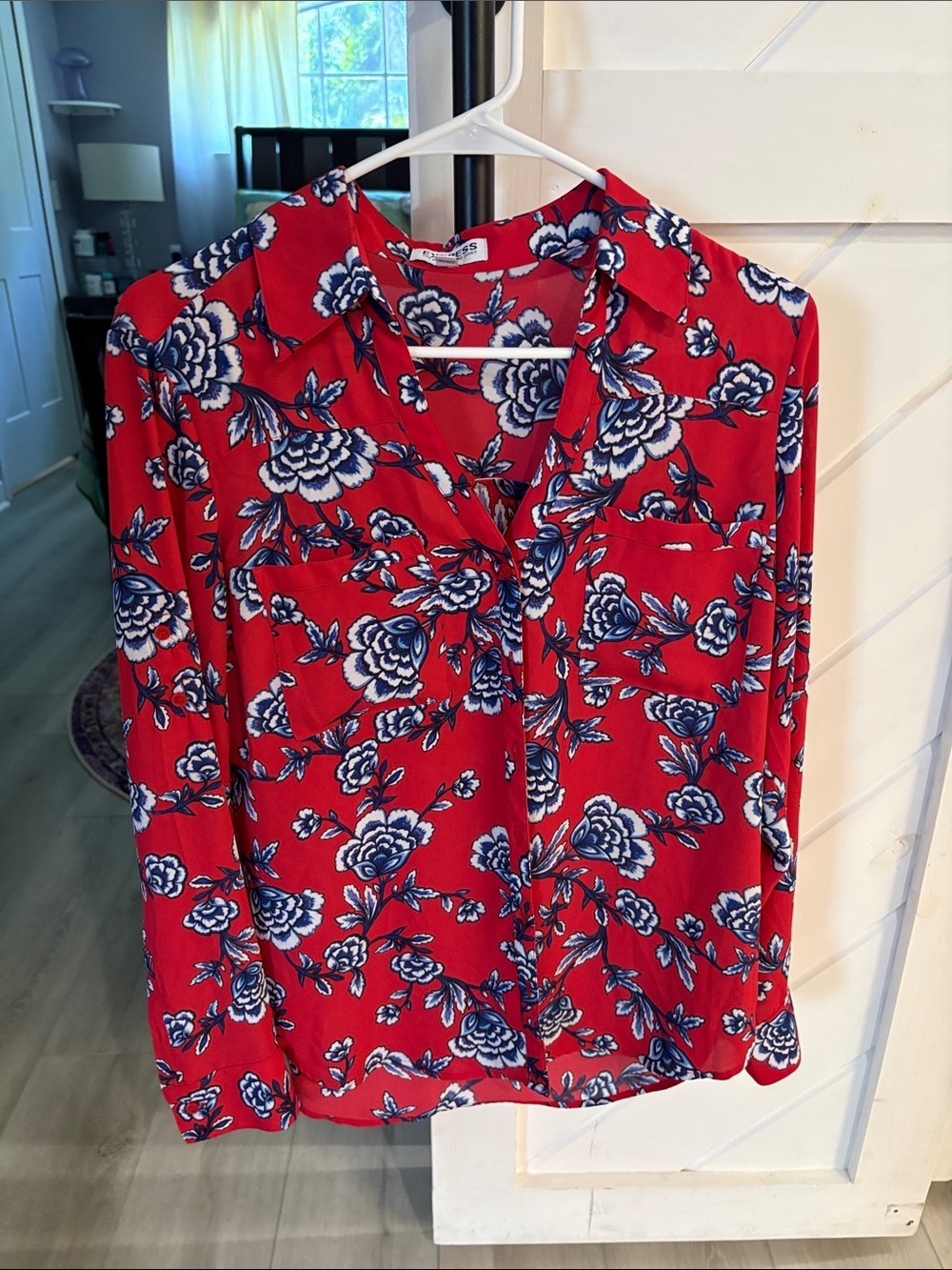 Express Red Floral Button-Front Blouse